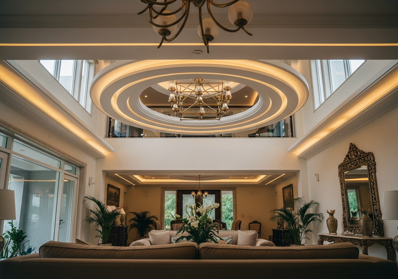 Duplex villa foyer with multi-ring POP ceiling and chandelier recess, Yelahanka — Elysian False Ceiling