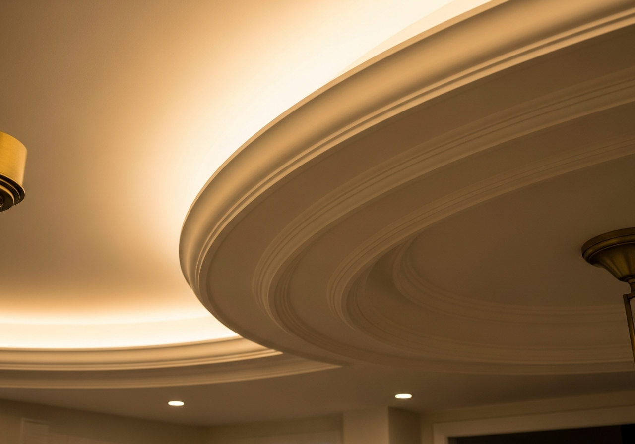 View from upper landing showing layered POP ceiling rings from above — Elysian False Ceiling