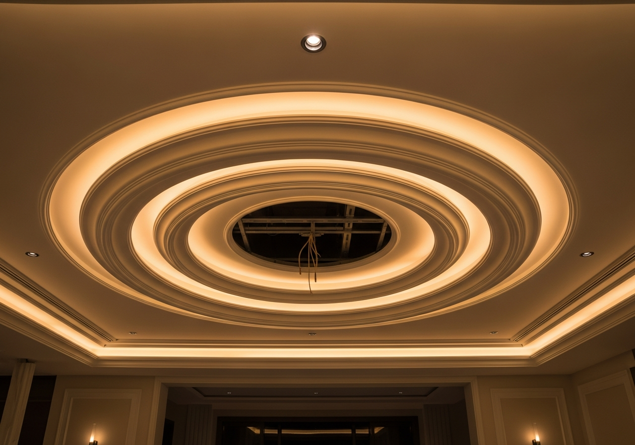 Chandelier recess detail with reinforced POP mounting surround — Elysian False Ceiling