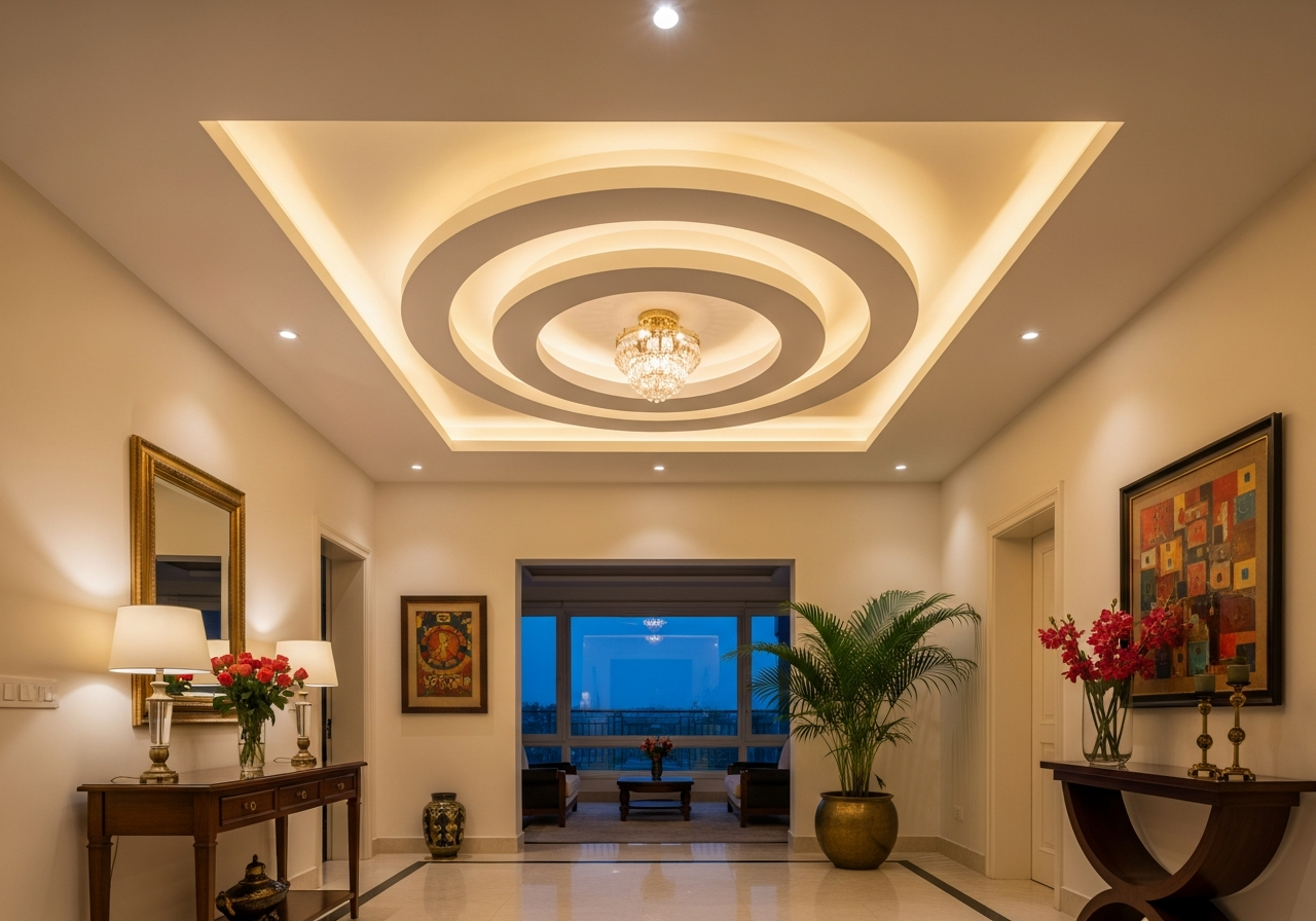 Wide shot of duplex foyer showing full ceiling design visible from both floors — Elysian False Ceiling
