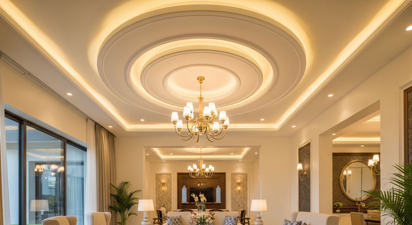POP false ceiling chandelier recess duplex villa Yelahanka Bangalore — Elysian False Ceiling