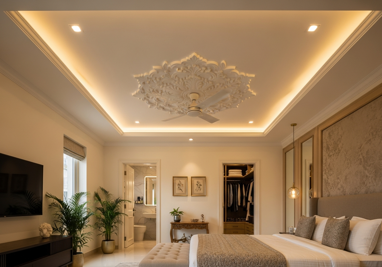 Designer POP ceiling with hand-sculpted floral medallion in master bedroom, Koramangala — Elysian False Ceiling