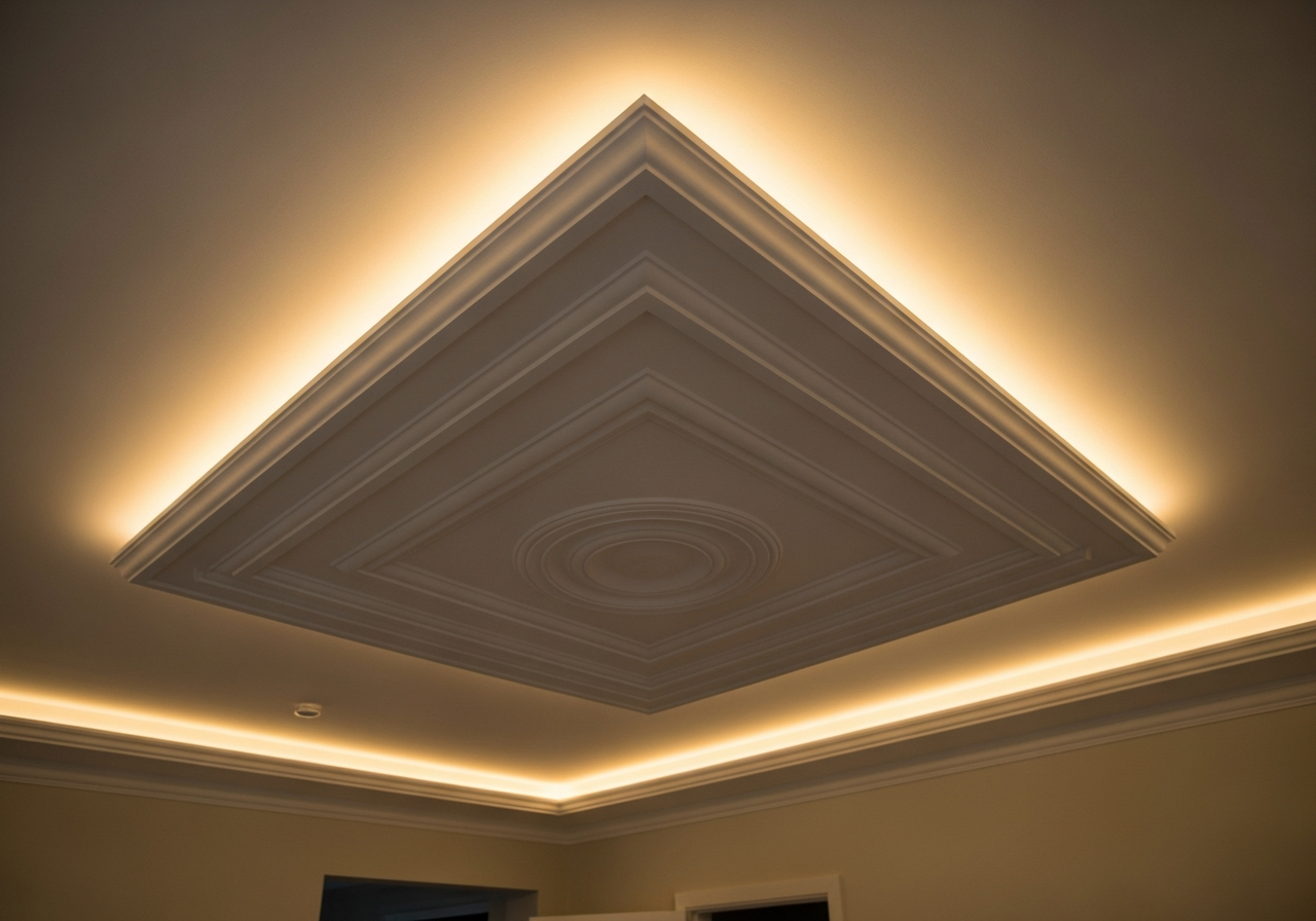 Close-up of POP medallion centre detail with layered tray border — Elysian False Ceiling