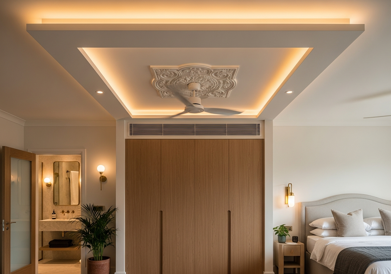 Wide shot of master bedroom showing full ceiling design and layered tray perimeter — Elysian False Ceiling