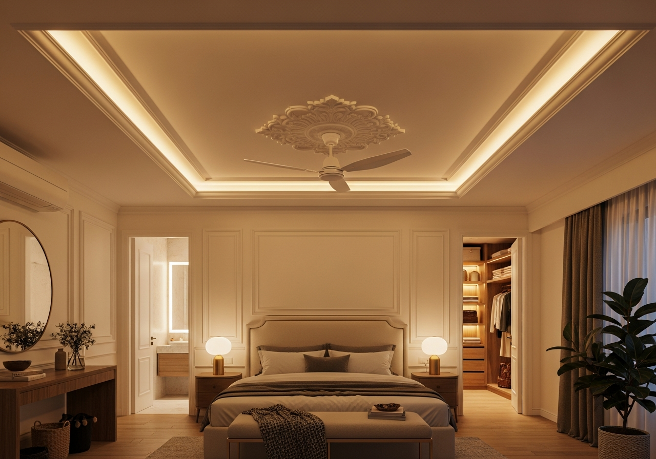 POP ceiling moulding detail showing classical profile at tray edge — Elysian False Ceiling