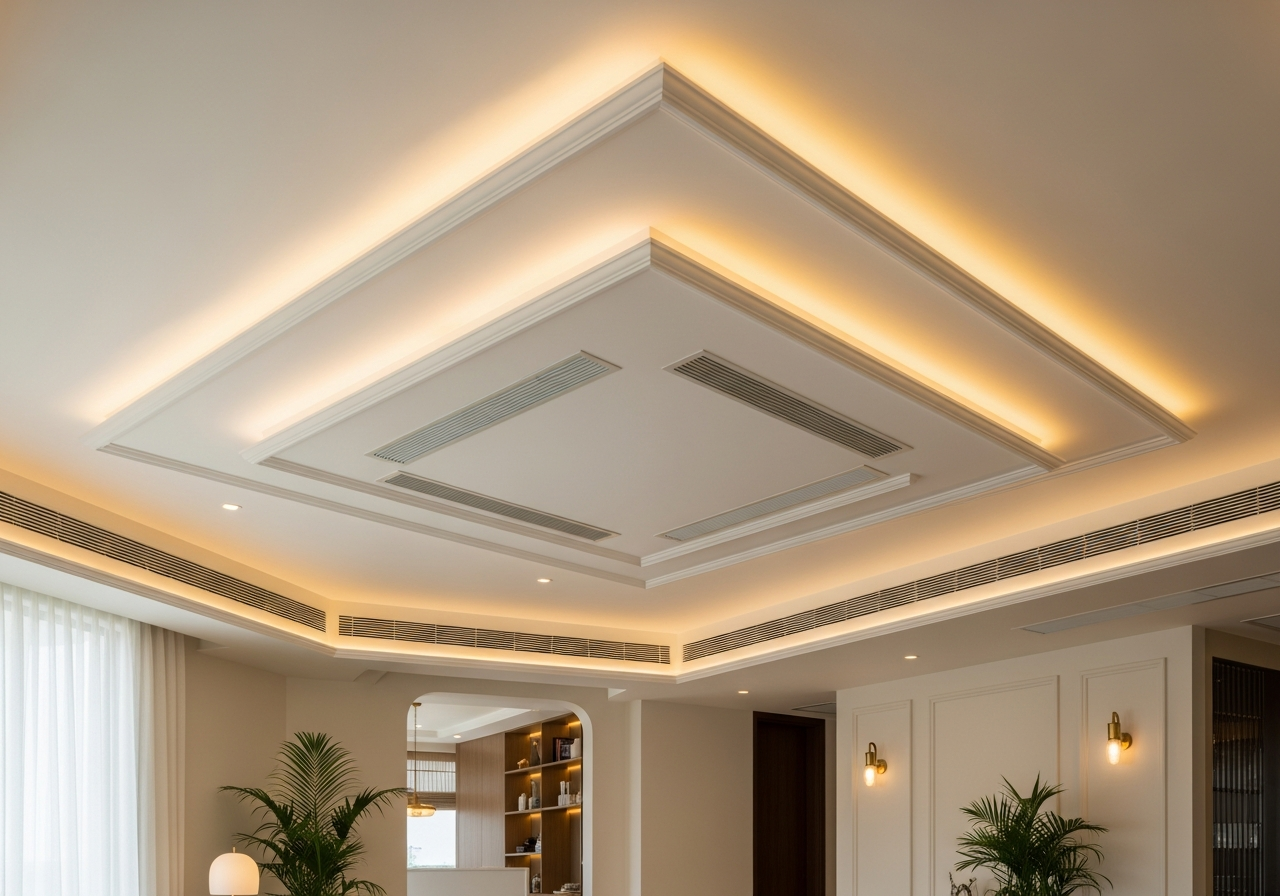Multi-level POP tray ceiling with cove lighting in 3BHK living room, Whitefield — Elysian False Ceiling
