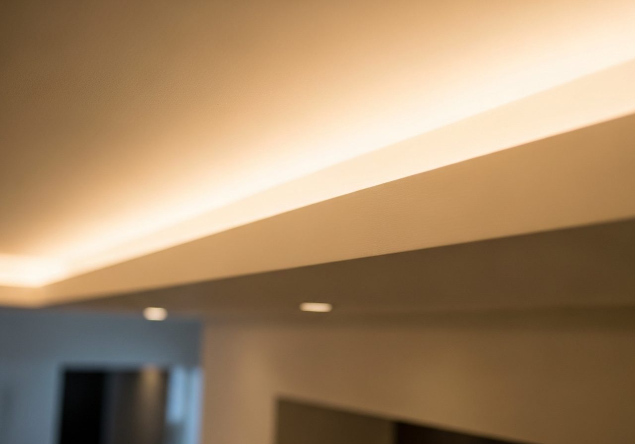 Close-up of POP tray ceiling edge with LED cove strip detail — Elysian False Ceiling