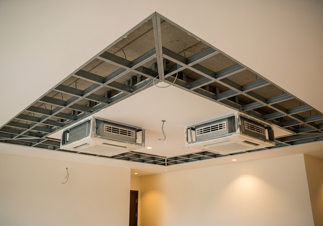POP false ceiling installation in progress showing GI framework — Elysian False Ceiling