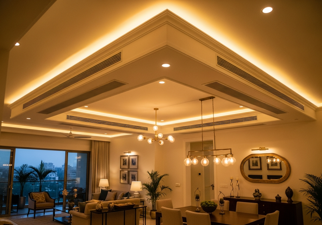 Completed 3BHK apartment ceiling with AC concealment and warm cove lighting — Elysian False Ceiling