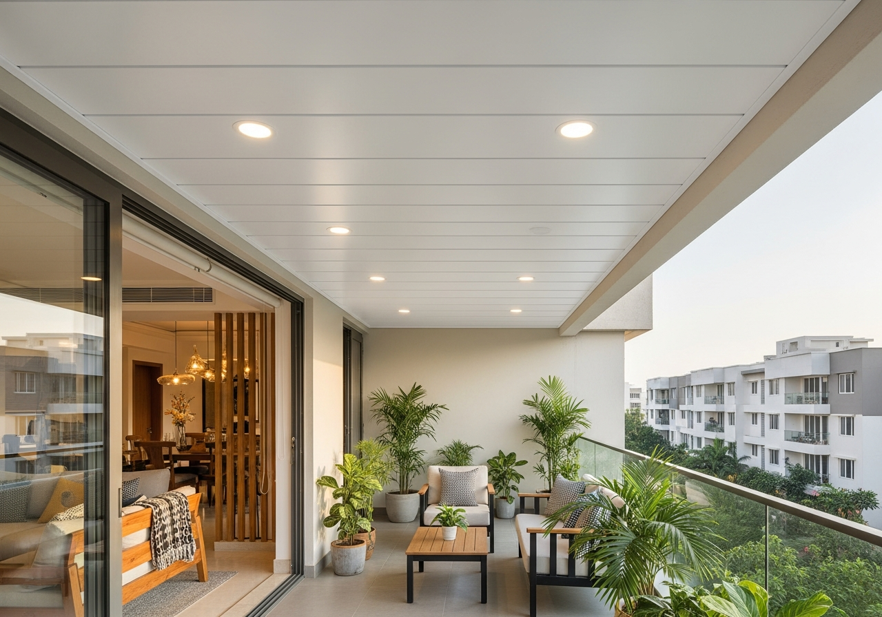 Covered apartment balcony with matte white PVC false ceiling, Thanisandra — Elysian False Ceiling