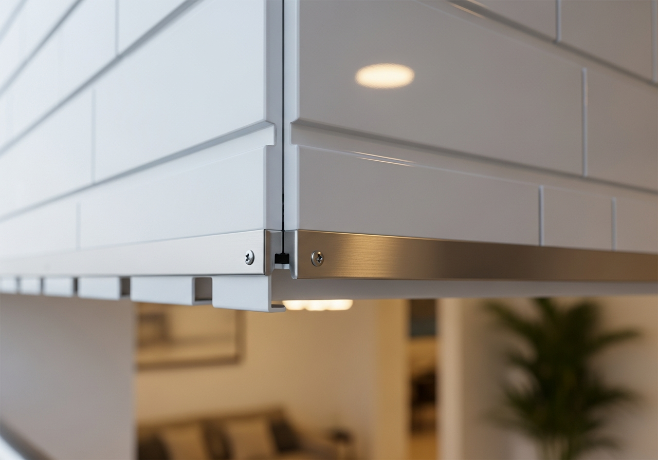 PVC panel edge detail at balcony perimeter showing sealed trim — Elysian False Ceiling