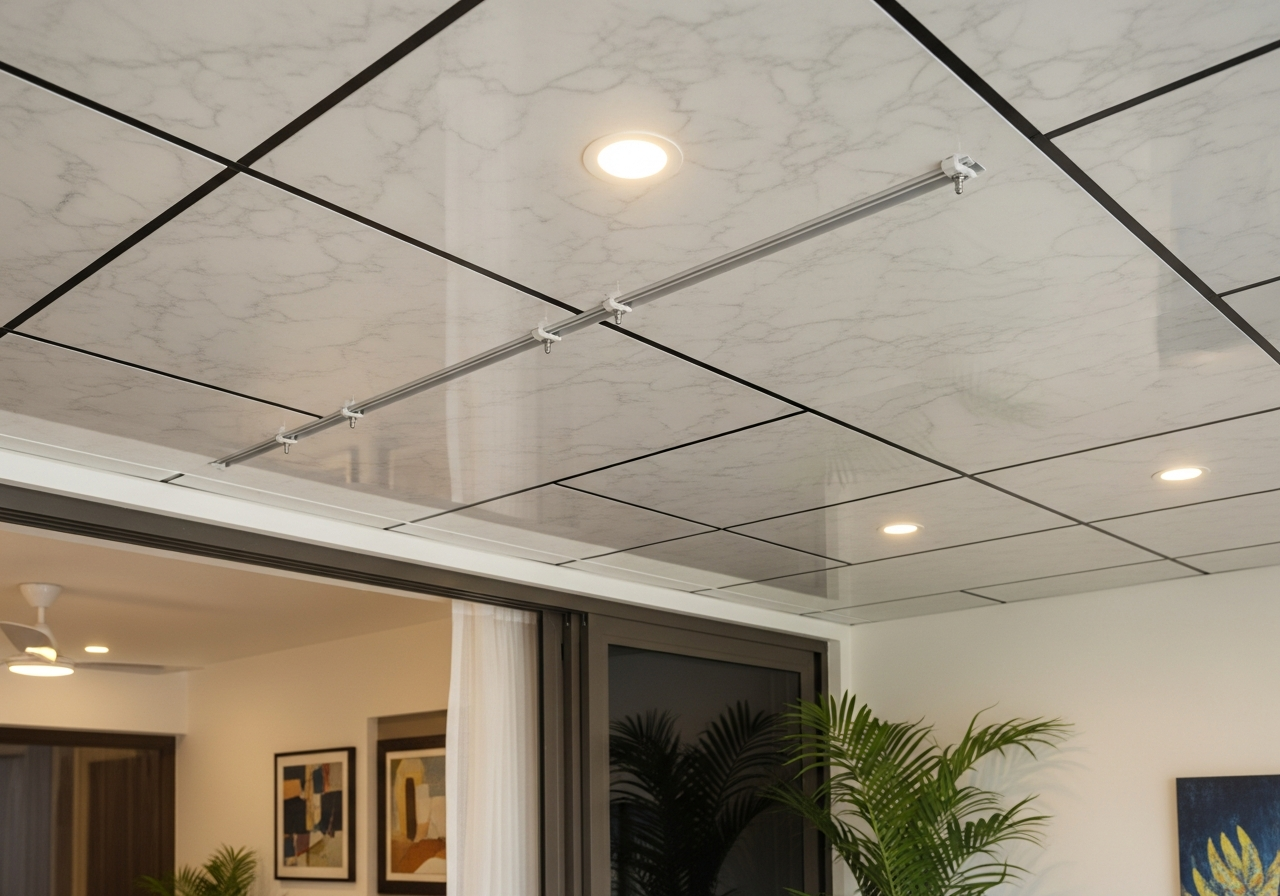 Balcony ceiling close-up showing rain-resistant PVC panel surface — Elysian False Ceiling