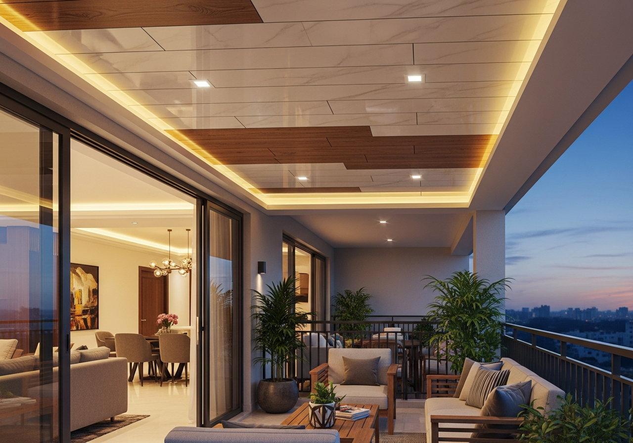 Balcony living area view with complete PVC ceiling and outdoor furniture — Elysian False Ceiling