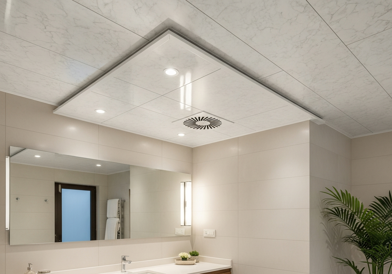 Four bathrooms with white glossy PVC false ceiling in villa, Hennur — Elysian False Ceiling