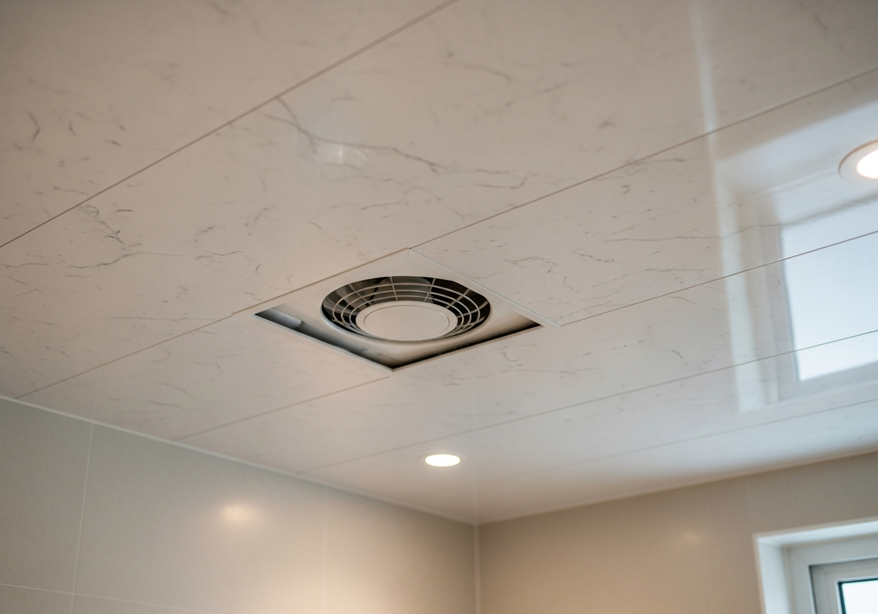 Shower zone bathroom with PVC ceiling and integrated exhaust fan cutout — Elysian False Ceiling
