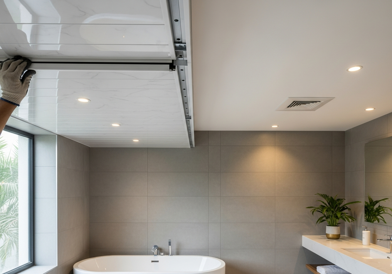 PVC panel interlocking detail during installation in villa bathroom — Elysian False Ceiling