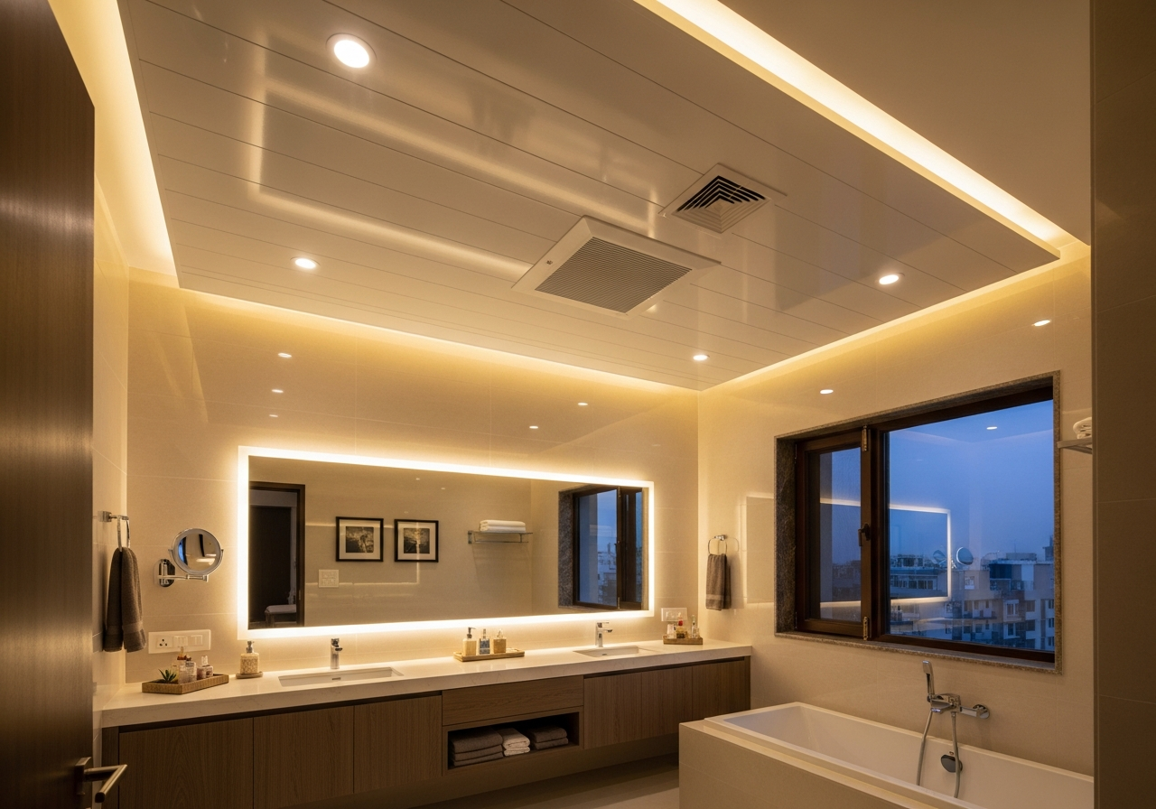 Wide shot of master bathroom with complete PVC ceiling and vanity lighting — Elysian False Ceiling