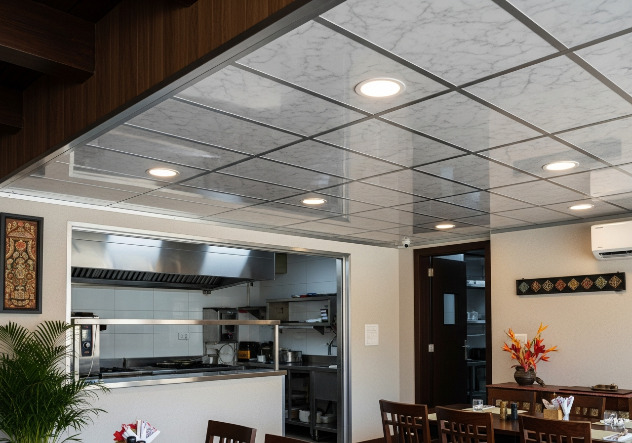Commercial restaurant kitchen with waterproof PVC ceiling, BTM Layout — Elysian False Ceiling