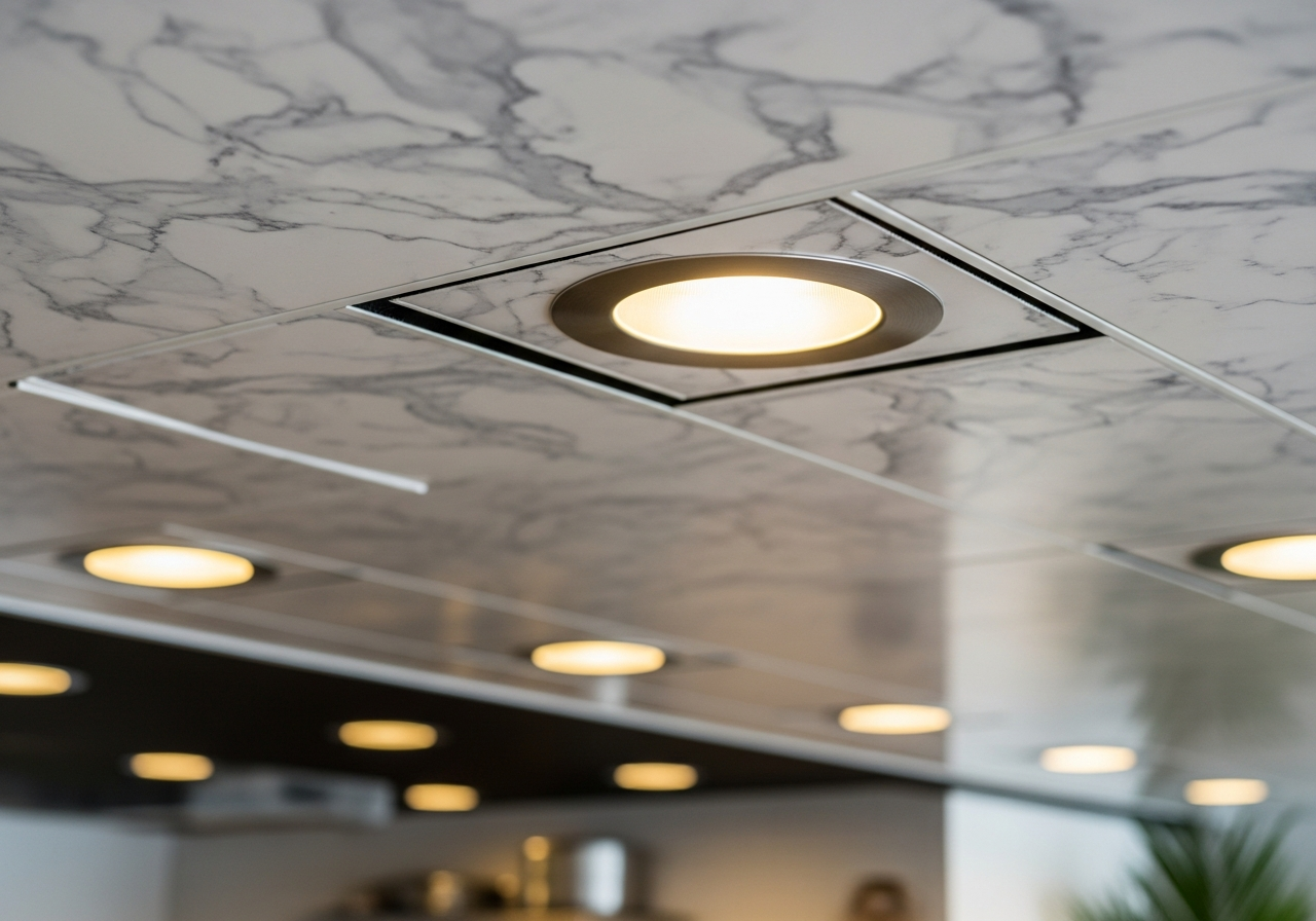 IP65-rated light fixture integrated into PVC kitchen ceiling — Elysian False Ceiling