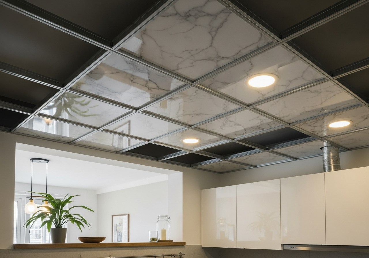 Stainless steel framework under PVC kitchen ceiling during installation — Elysian False Ceiling