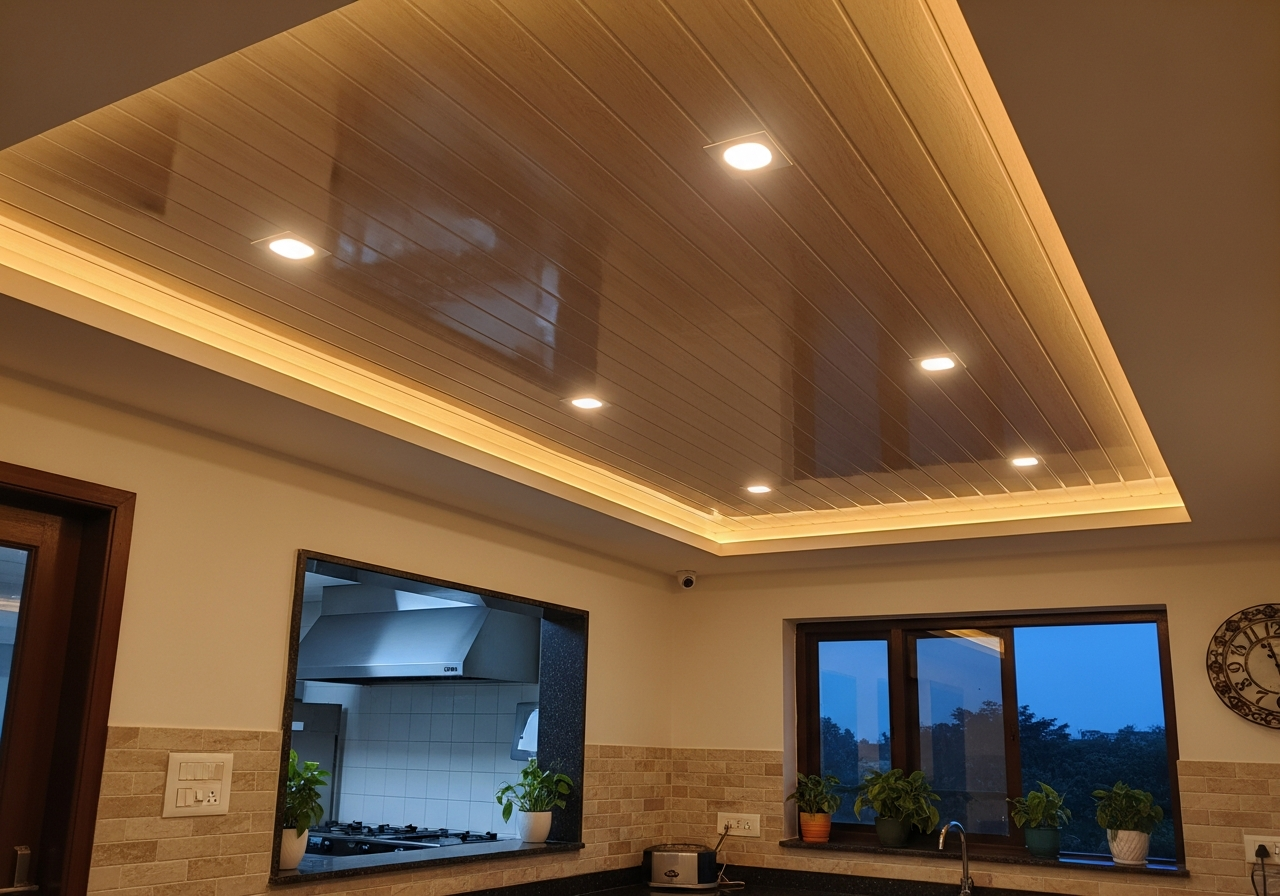 Kitchen PVC ceiling being wiped down during cleaning cycle — Elysian False Ceiling