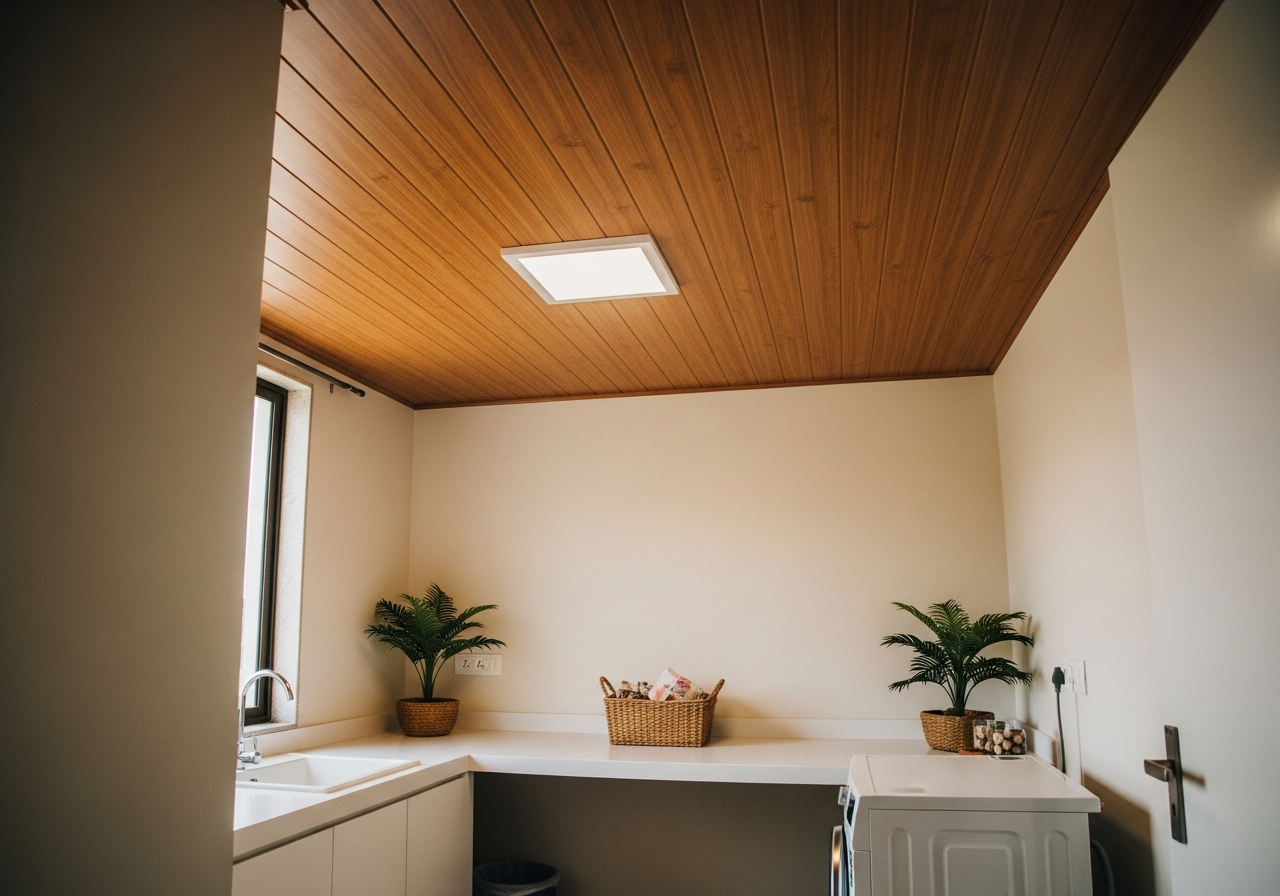 Villa laundry room with wood-grain PVC ceiling panel, Kengeri — Elysian False Ceiling