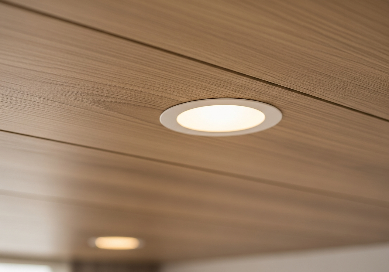 Close-up of wood-grain PVC panel texture showing realistic grain pattern — Elysian False Ceiling