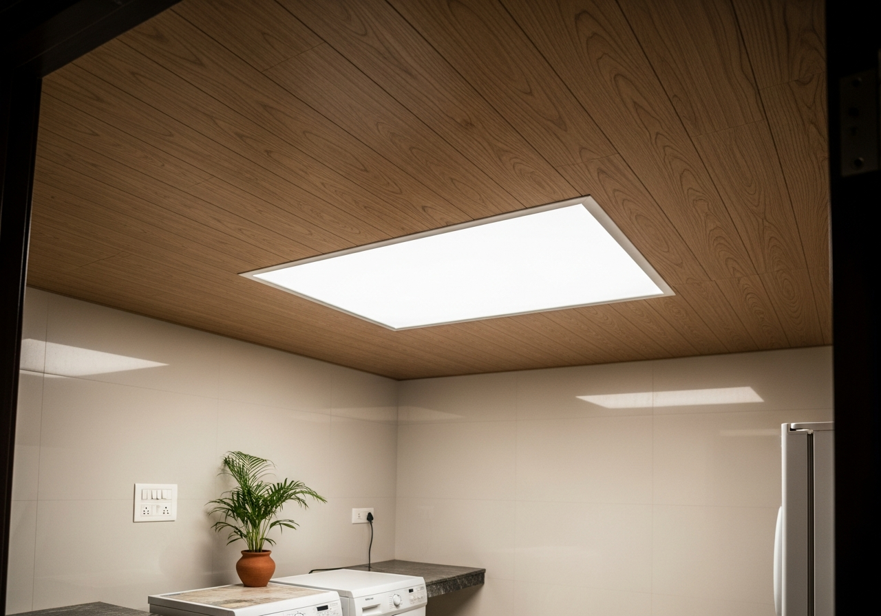 Laundry area with integrated panel light in wood-grain PVC ceiling — Elysian False Ceiling