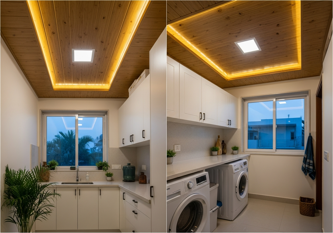Utility room transformed from bare ceiling to finished wood-grain PVC — Elysian False Ceiling