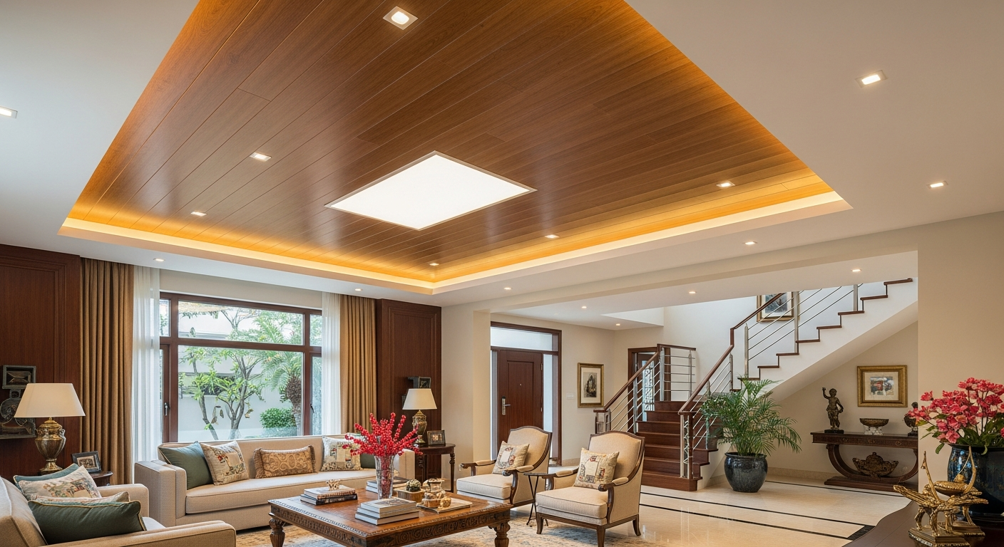PVC false ceiling wood grain laundry room residential Kengeri Bangalore — Elysian False Ceiling