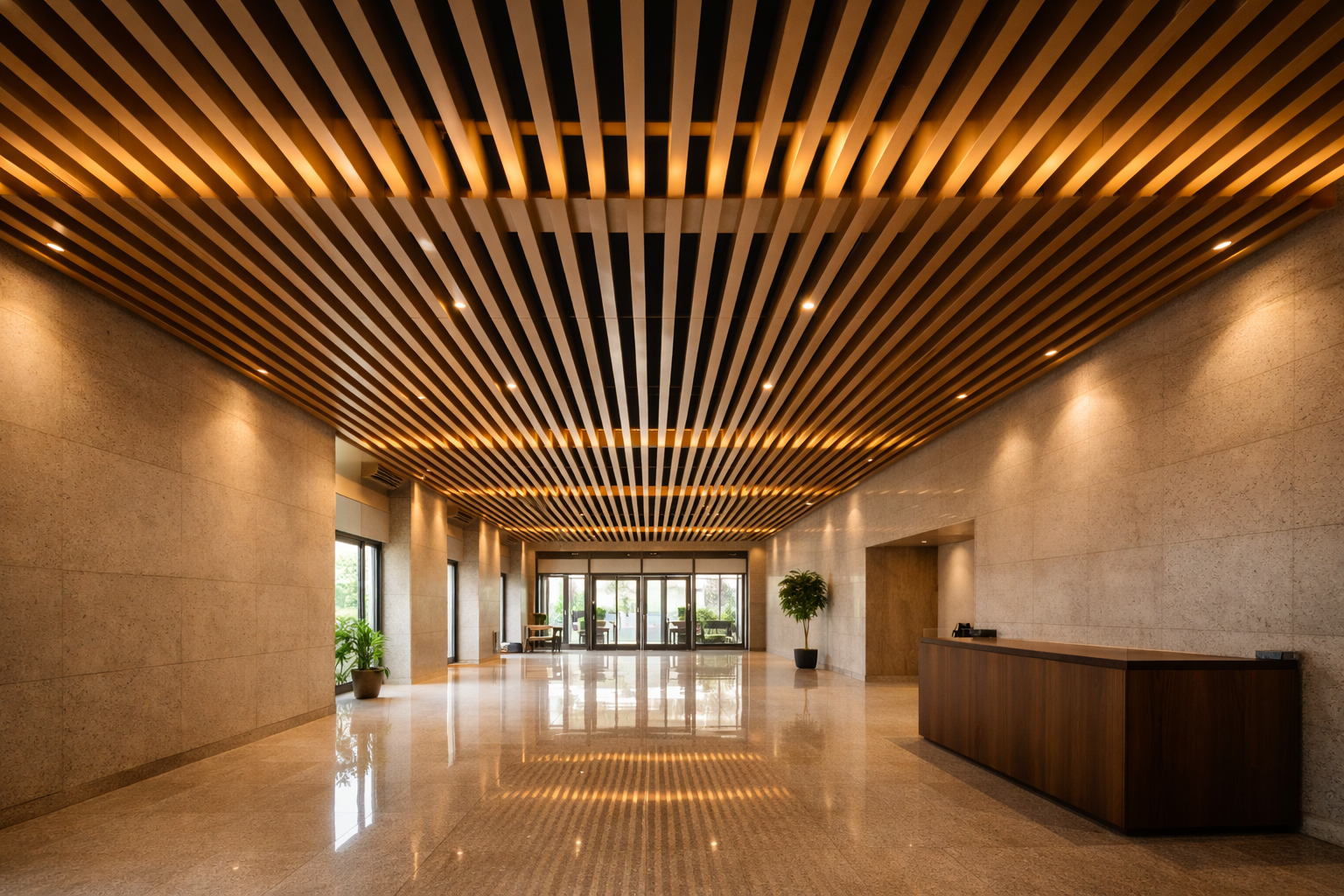 Modern commercial lobby with suspended aluminium baffle ceiling parallel blades and dramatic shadow pattern Bangalore — Elysian False Ceiling