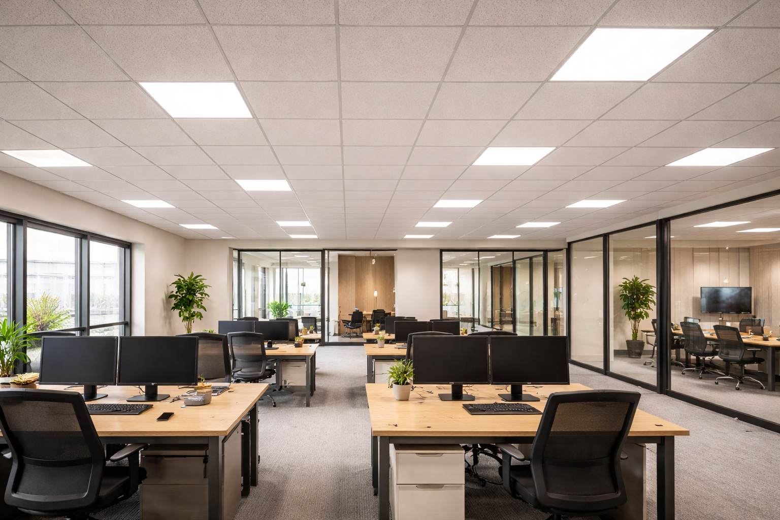 Commercial office space with clean Armstrong grid ceiling — exposed T-bar grid with mineral fibre tiles and recessed panel lights in Bangalore