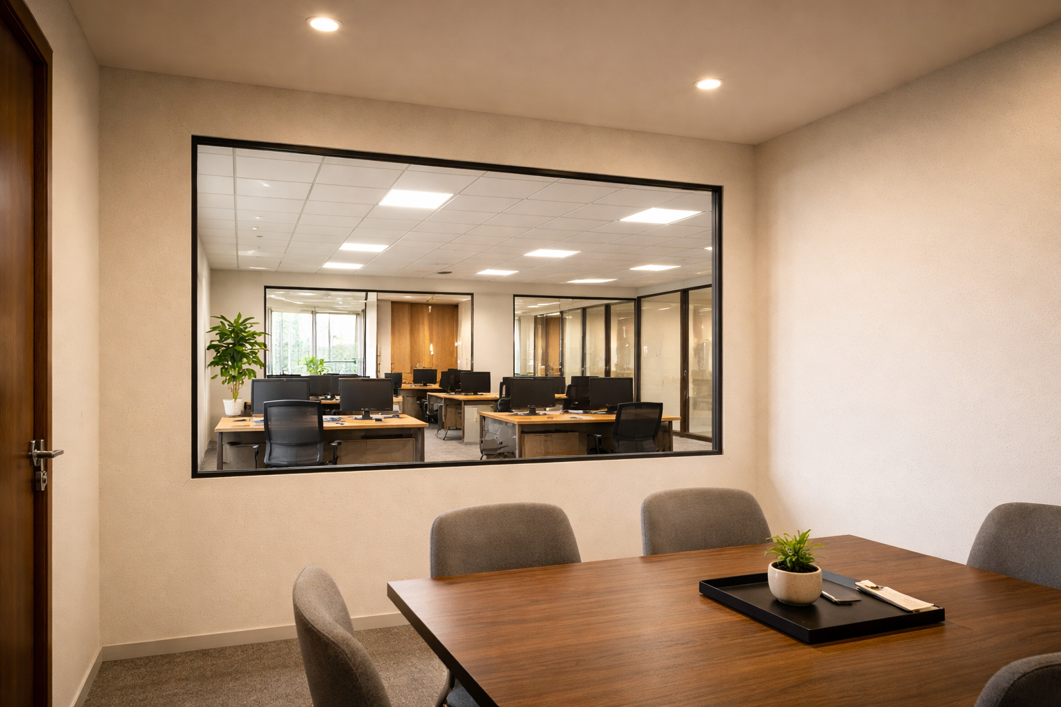 Office space gypsum drywall partition floor-to-ceiling clean finish with glass panel inset Bangalore — Elysian False Ceiling