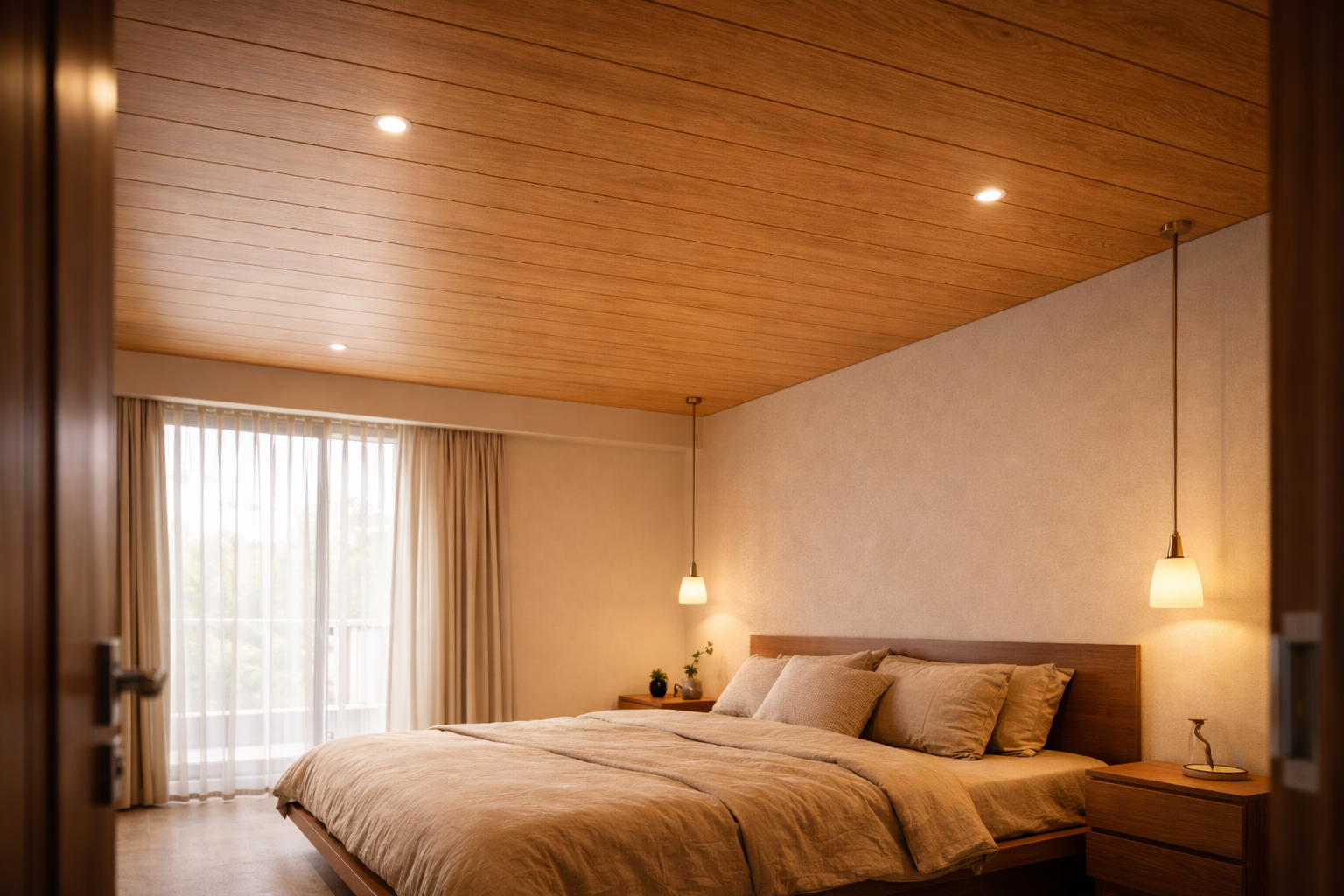 Clean contemporary interior space with VOX ceiling panels smooth wood-grain finish and warm lighting Bangalore — Elysian False Ceiling