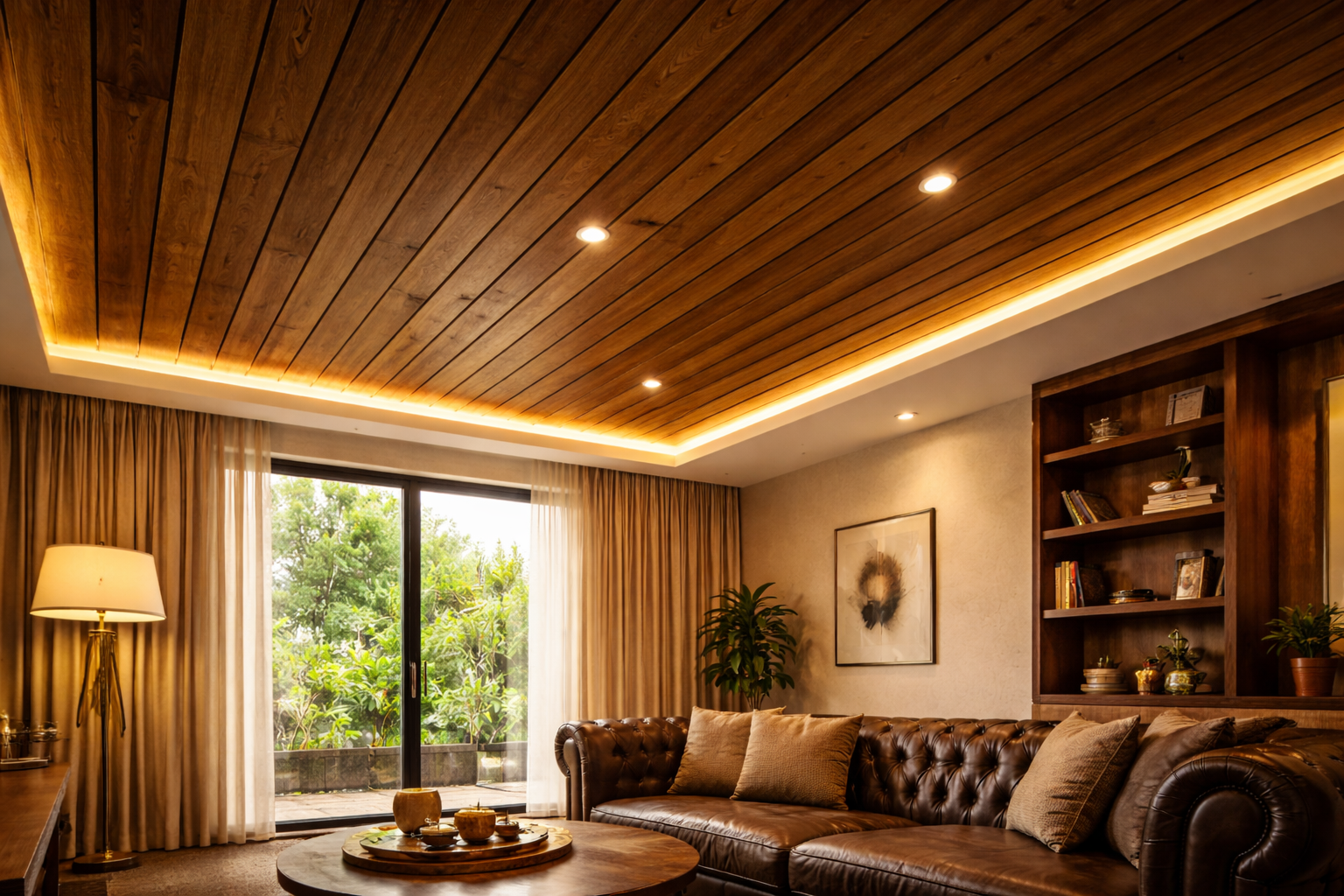 High-end villa living room with wooden false ceiling natural grain warm tones and concealed lighting in Bangalore — Elysian False Ceiling